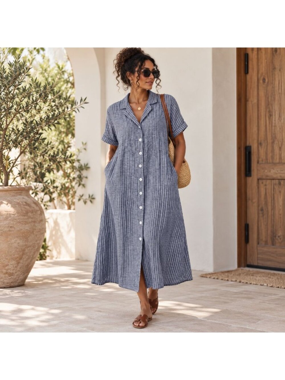Quince 100% European Linen Chambray Stripe Button Front Shirt Dress 2X Coastal